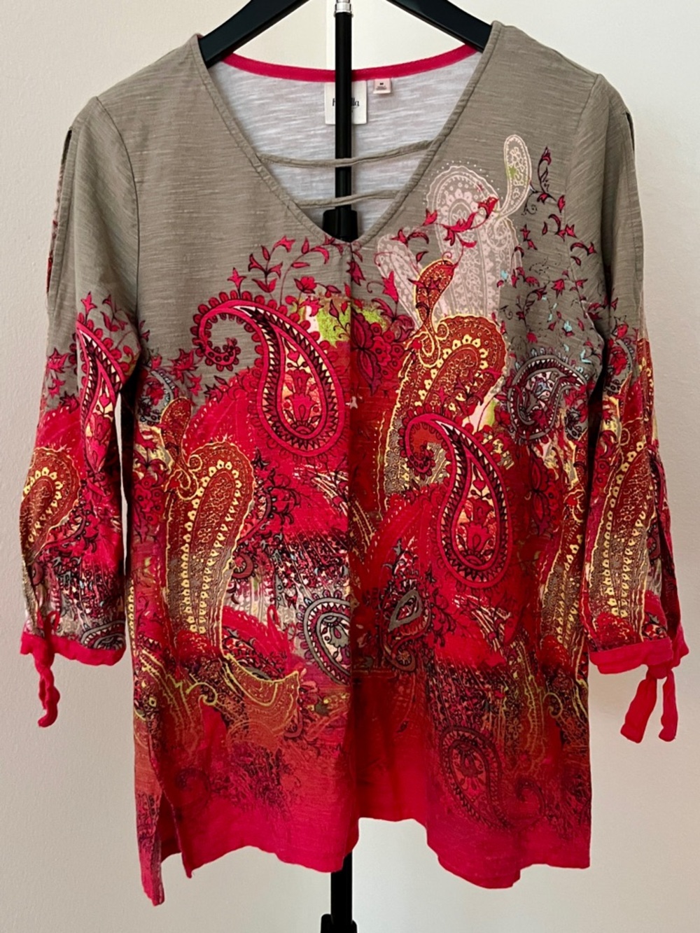 ☀️ Rafaella Red Paisley V-Neck Tunic with Gold Accents | Boho Coastal Beauty